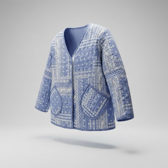 Como Vintage Blue and White Patchwork Cottagecore Quilted Chore Jacket - Picture 3 of 9